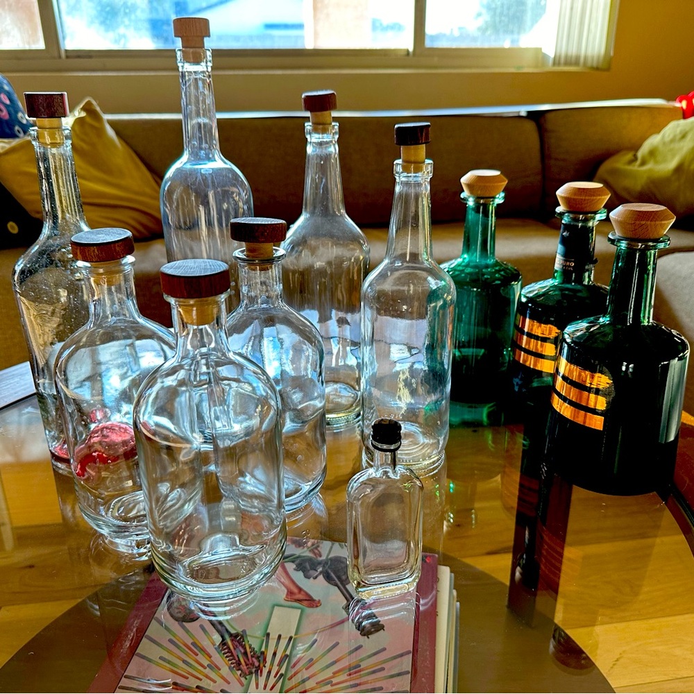 Collection of Glass bottles with Wooden Lids - great for the crafter